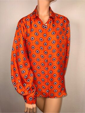 Alberto Biani Silk Blouse Orange Print Wide Sleeve Italy 42
